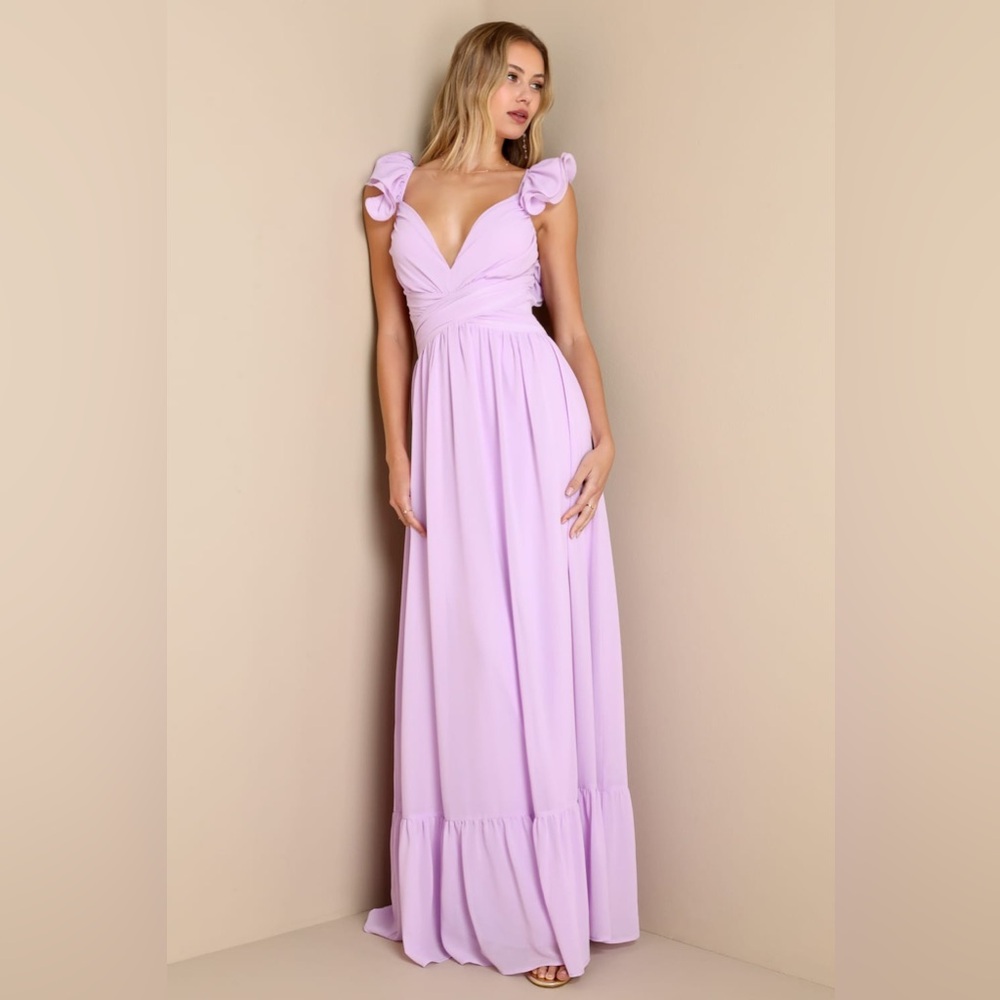Lulus Soiree Celebration Lilac Ruffled Lace-Up Maxi Dress - Picture 3 of 5